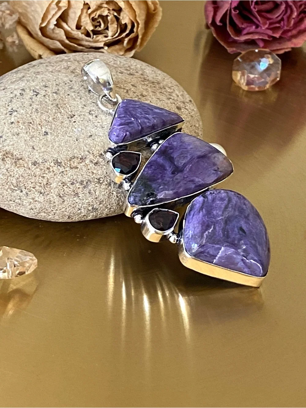 Russian Charoite And Amethyst Hand Crafted Pendant
